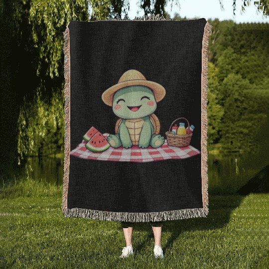 Whimsical Picnic Turtle Illustration Woven Blankets