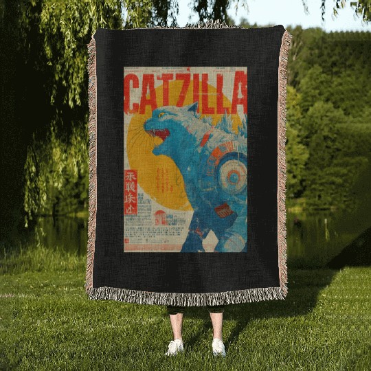 Catzilla Retro Movie Poster Woven Blankets
