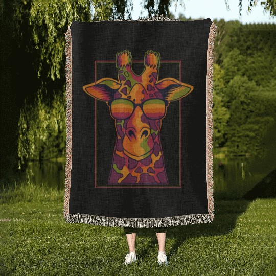 Colorful Giraffe with Sunglasses Design Woven Blankets