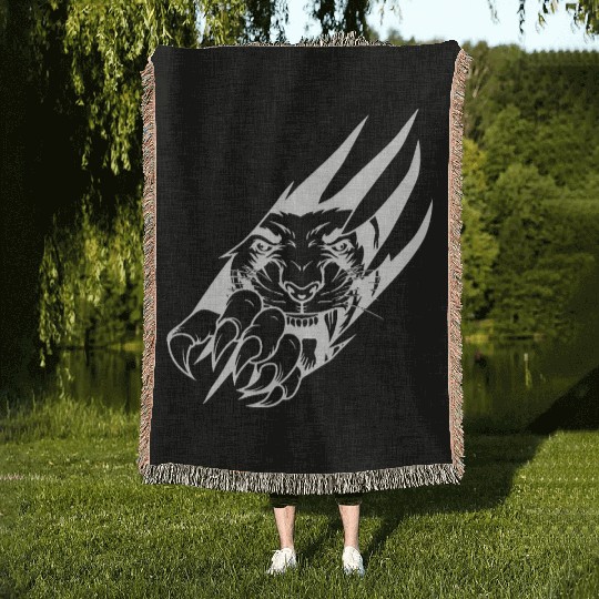 Panther Claw Rip White Outline Woven Blankets