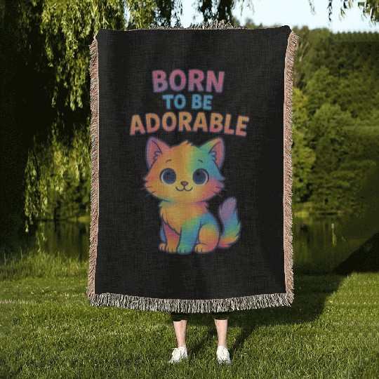 Colorful Adorable Kitten with Affirmation Woven Blankets