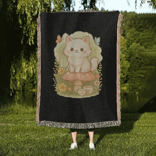 Kawaii Cottagecore Mushroom Cat Woven Blankets