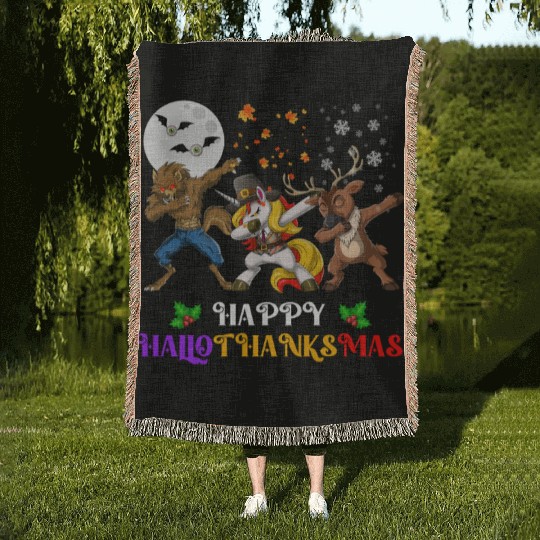 Happy Hallothanksmas Dabbing werewolf Unicorn Deer Woven Blankets
