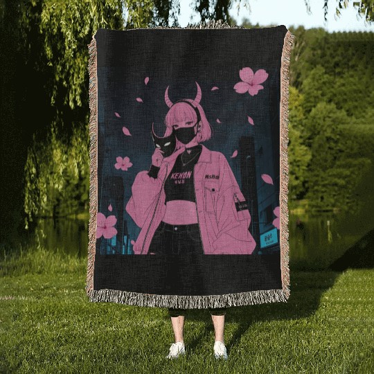 Neon Sakura Night Streetwear Design Woven Blankets
