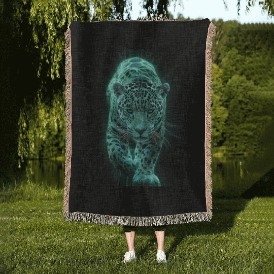 Neon Jaguar in Motion Woven Blankets