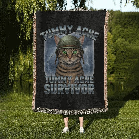 Funny Brave Cat Tummy Ache Survivor Meme Art Woven Blankets