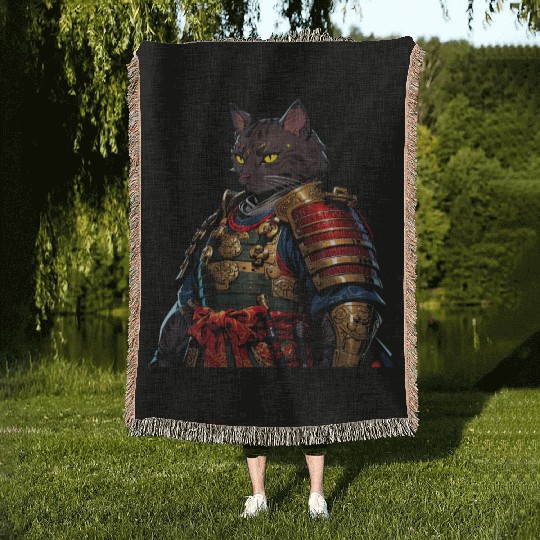 Warrior Cat in Armor Artwork Woven Blankets