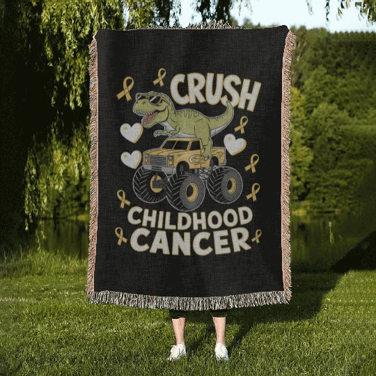 Dino Monster Truck Fight Against Childhood Cancer Woven Blankets