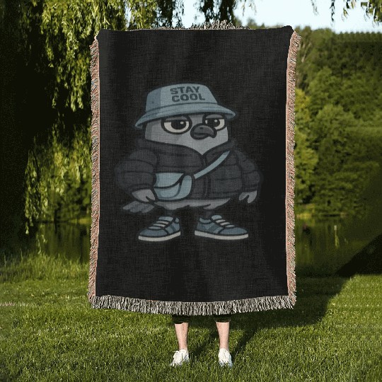 Cool Pigeon in Streetwear | Urban Cartoon Bird Woven Blankets