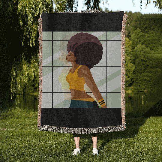 afro fitness girl in gym Woven Blankets