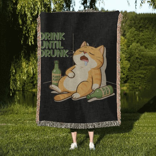 Humorous Cat Drinking Alcohol Meme Design Woven Blankets