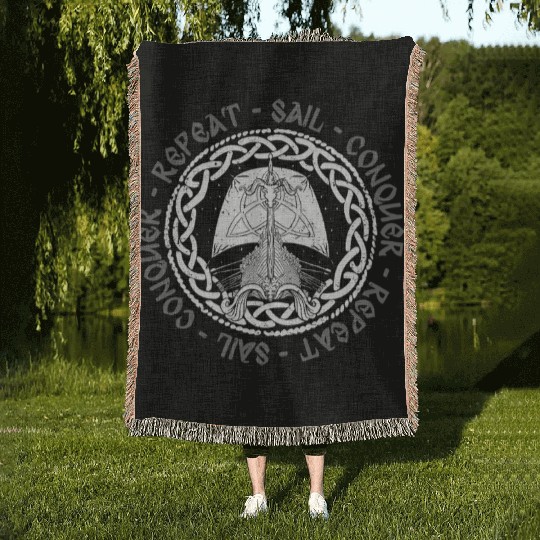 Viking Mythology Pagan Sail Conquer Repeat Woven Blankets