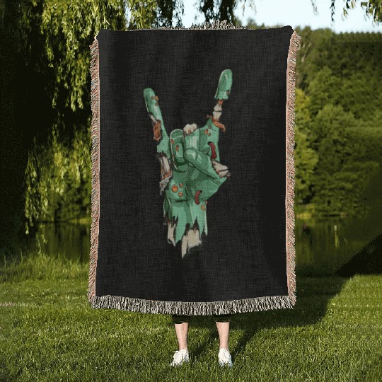 Zombie Hand Rock Sign Zombies Horror Halloween Woven Blankets