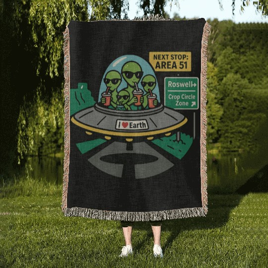 Alien road trip Woven Blankets