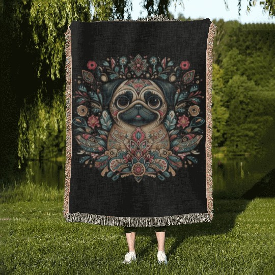 Pug Dog Folk Art Woven Blankets