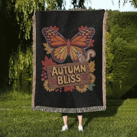 Autumn Bliss Butterfly Squirrel Leaves Fall Vibes Woven Blankets
