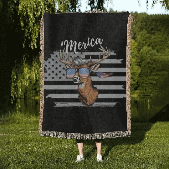 'Merica Deer with mullet American Flag Sunglasses Woven Blankets