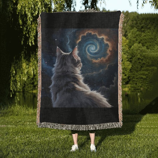 Cosmic Cat Galaxy Art Woven Blankets