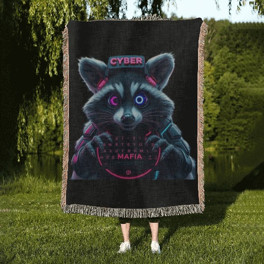 Cyber Raccoon with Neon Mafia Theme Woven Blankets