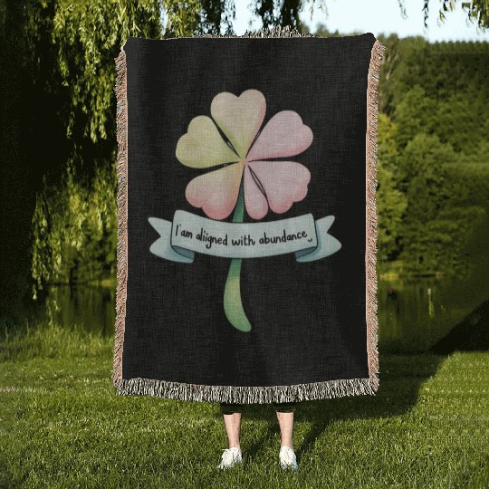 Four-Leaf Clover with Affirmation Banner Woven Blankets