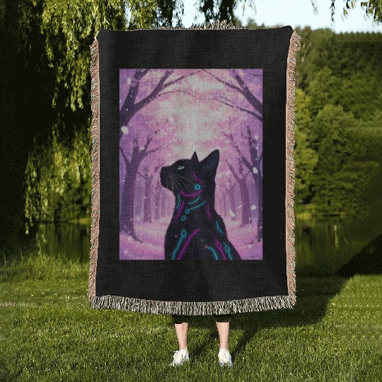 Midnight Cyber Cat | Pink Cherry Blossom Forest Woven Blankets