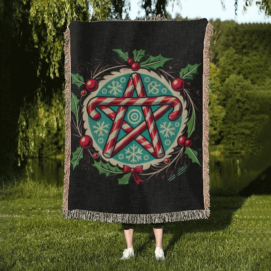 Yule Pentacle with Candy Canes Pagan Holiday Desig Woven Blankets