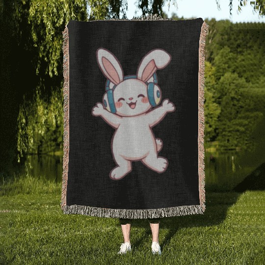 Joyful Bunny with Headphones Woven Blankets