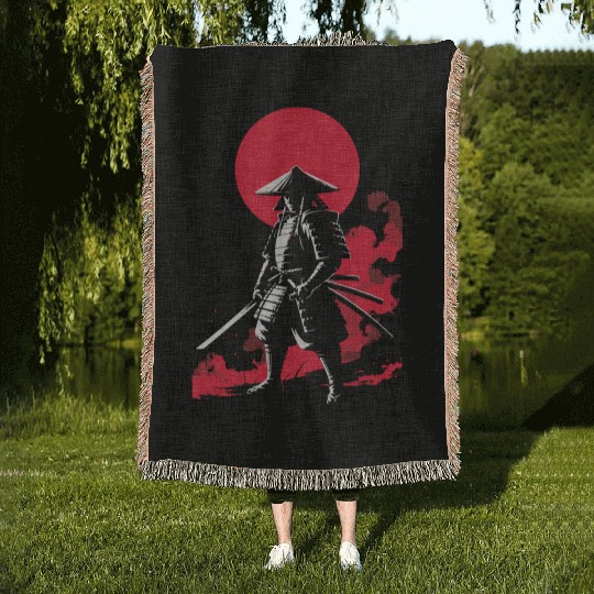 Samurai Warrior with Red Sun Backdrop Woven Blankets