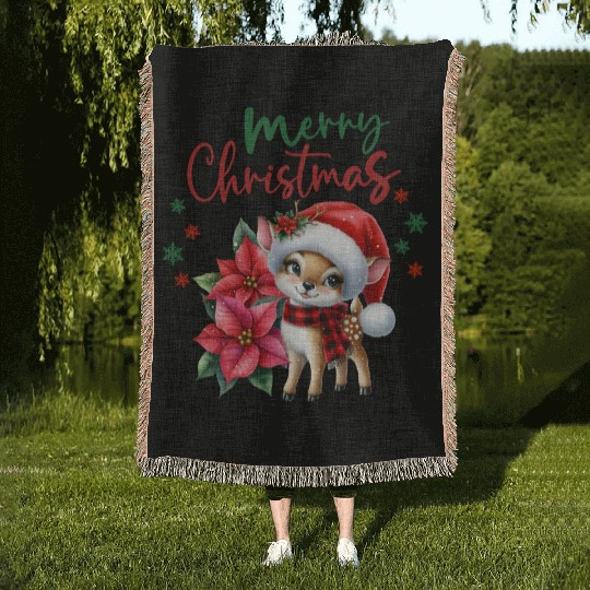 Festive Christmas Puppy with Poinsettia Woven Blankets