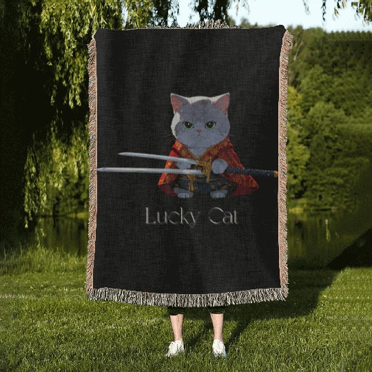 Mythic Warrior Cat with Swords Woven Blankets