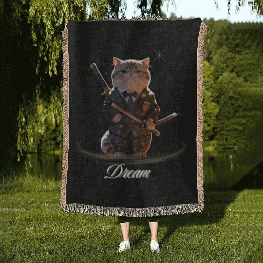Samurai Cat in Formal Kimono Woven Blankets