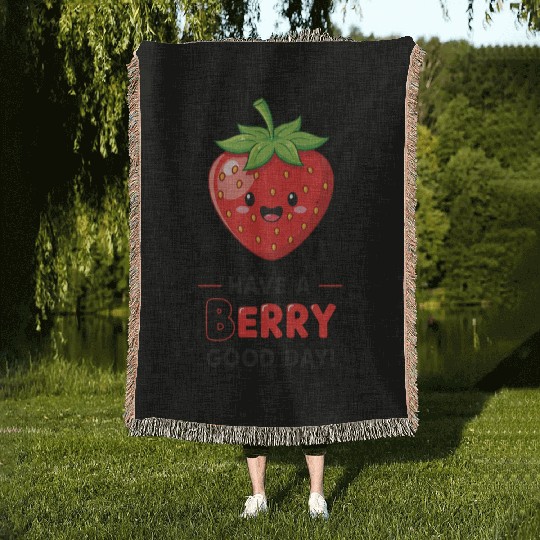 Cute Kawaii Strawberry Happy Face Design Woven Blankets