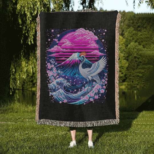 Neon Sakura Crane & Mount Fuji Scene Woven Blankets