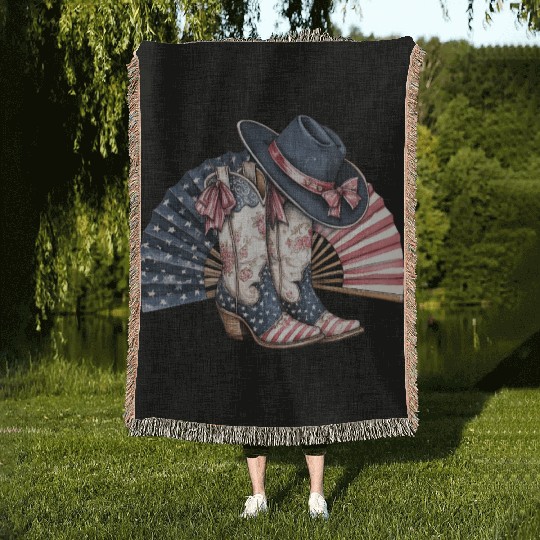 Retro American Flag Cowgirl Boots with Clackin fan Woven Blankets