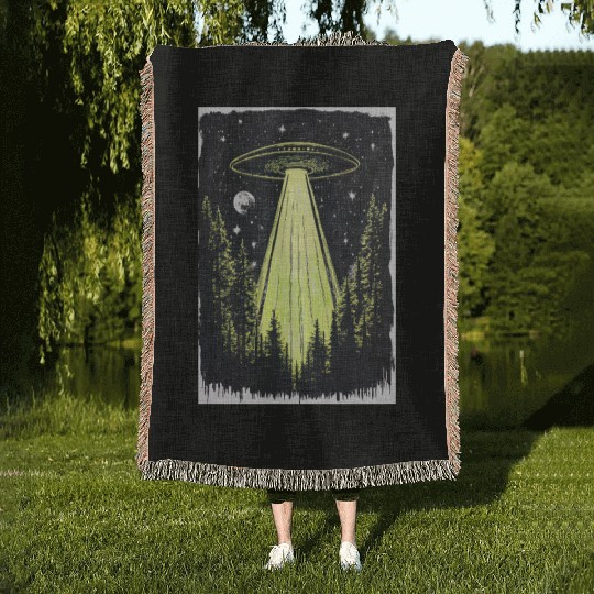 UFO in the Midnight Pines Woven Blankets