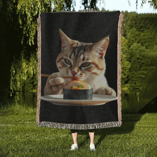 Whimsical Sushi Cat Illustration Woven Blankets