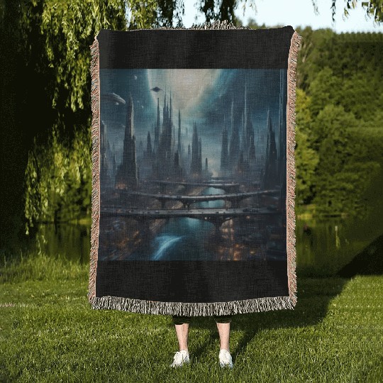 Magic City with Skyscraper Sci-Fi Alien Planet Woven Blankets
