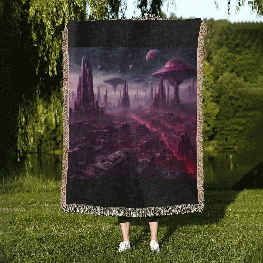 Sci-Fi Future World And Alien City in Neon Pink Woven Blankets
