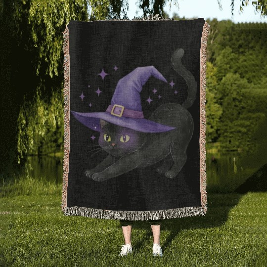 Enchanted Black Cat Witch Hat Design Woven Blankets