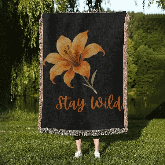 Vivid Orange Lily with Stay Wild Message Woven Blankets