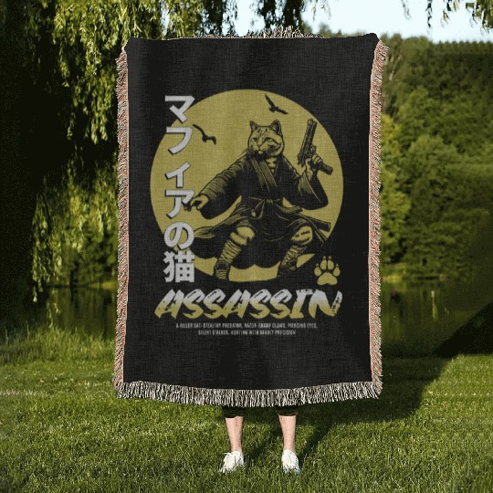 Samurai Cat Martial Arts Illustration Woven Blankets
