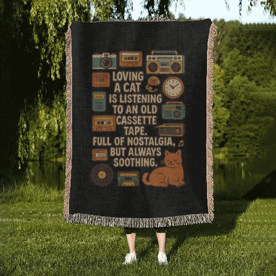 Nostalgic Cat Listening Cassette Tape Woven Blankets