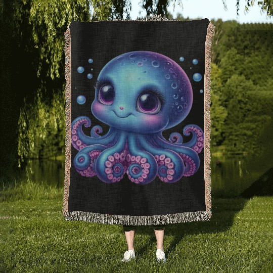 Colorful Cartoon Octopus Illustration Woven Blankets