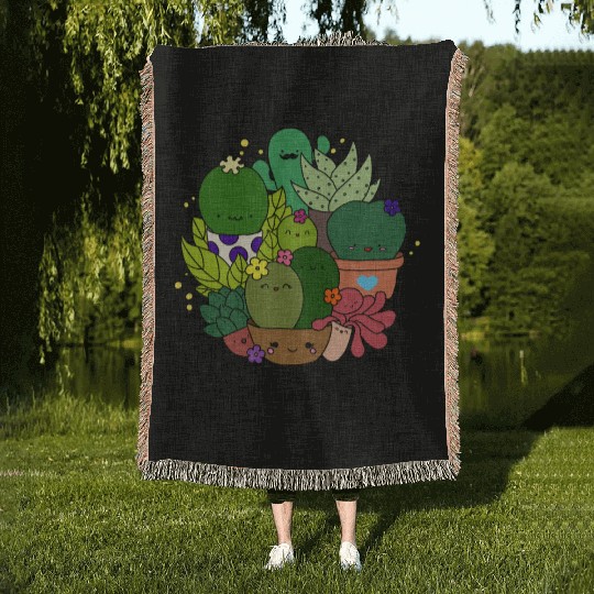 Kawaii Succulent Garden Illustration Woven Blankets