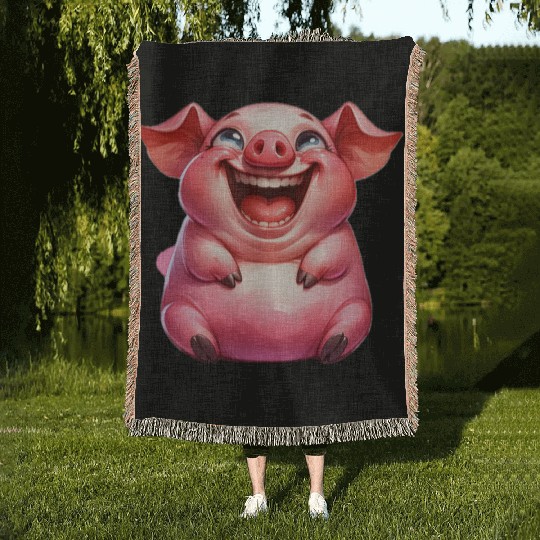 Joyful Cartoon Pig Illustration Woven Blankets