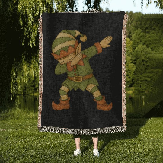 Patchwork Dabbing Elf Christmas Vintage Folk Art Woven Blankets