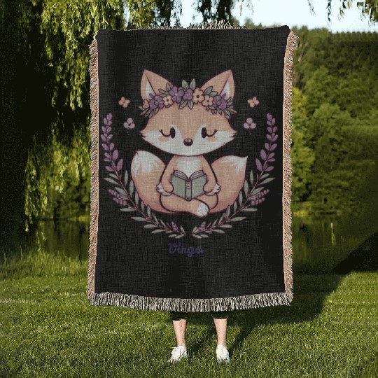 Cute Fox Virgo Reading with Floral Crown Woven Blankets