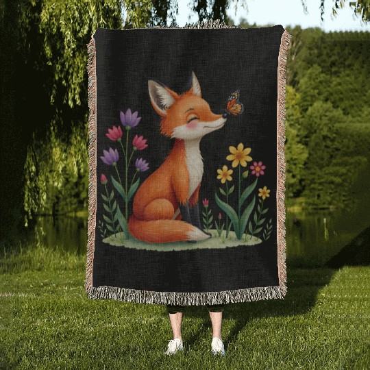 Tiny Spring Friends Whimsical Fox Butterfly Floral Woven Blankets