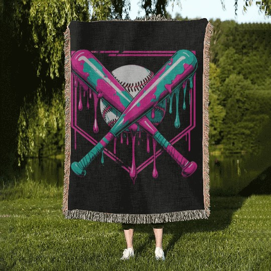 Neon Baseball Bat and Ball Art Woven Blankets