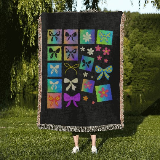 Pastel Aesthetic Stam Y2K Cute Girly Coquette Bow Woven Blankets
